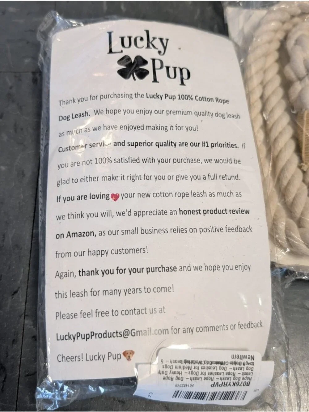 Lucky Pup Cotton Rope Dog Leash Cream Gold Hardware Handcrafted Under 2 pk